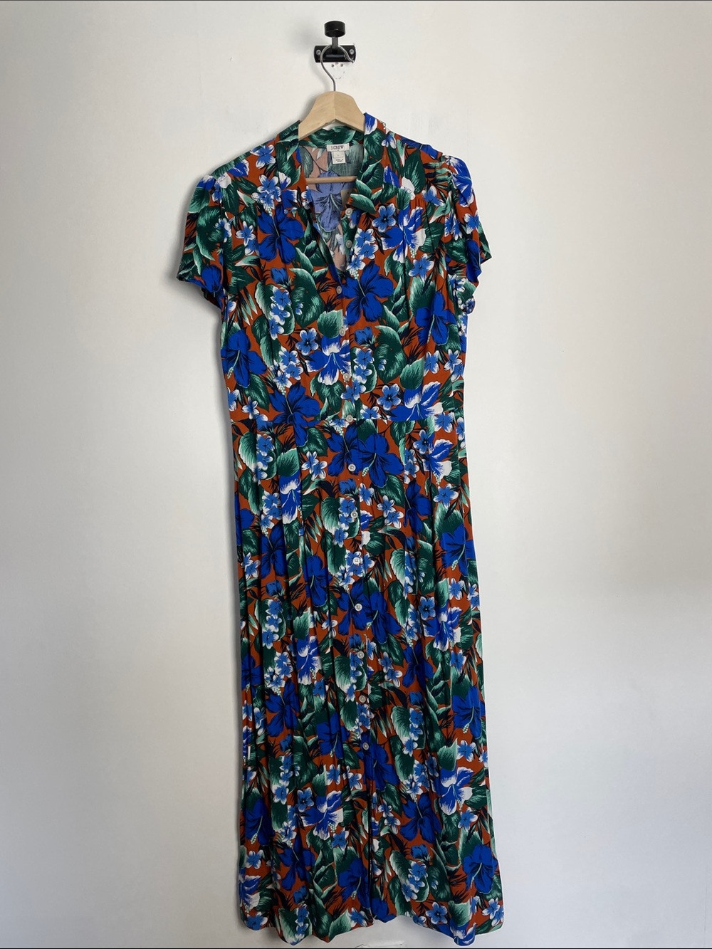 J Crew Factory Pleated Muliti Floral Tropical Button-Front Women's L Maxi Dress - Picture 2 of 7